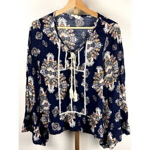 Entro Anthropologie Boho Peasant-Style Top Navy w/ Kaleidoscope Print EUC Sz S